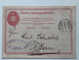 antike Postkarte, 1873, 5 Cts, von Basel nach Bern