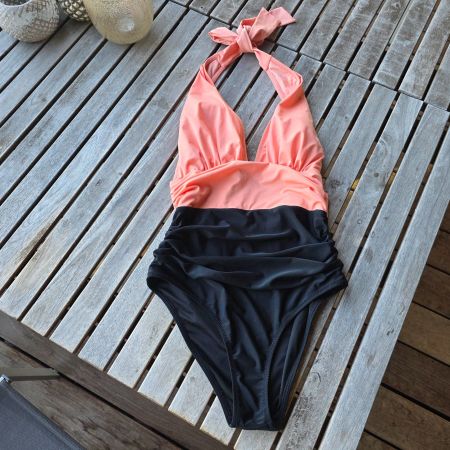 🐸 NECKHOLDER BADEANZUG 38 PEACH SCHWARZ TOP ZUSTAND