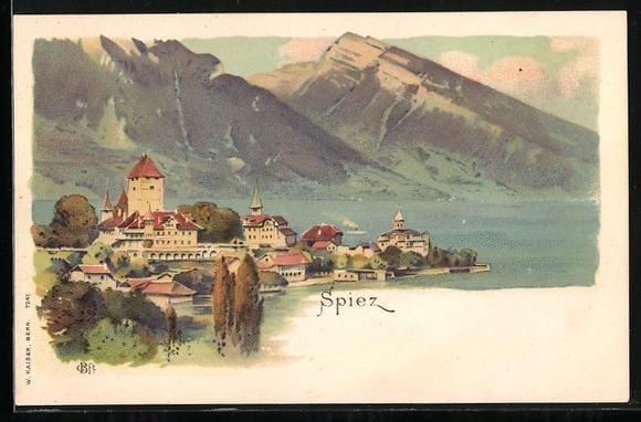 Cartoline postali: Lithographie Spiez, Blick auf den Ort – Usato da Berlin venduto da bartko-reher