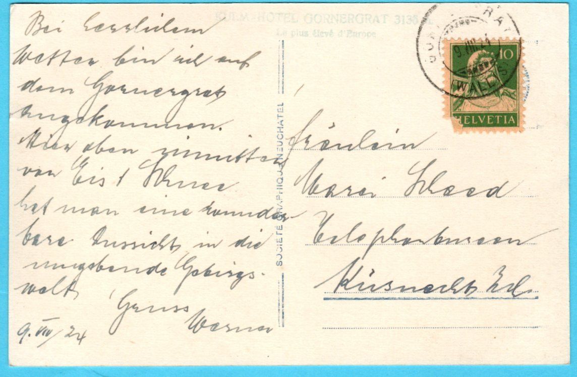 Cartoline postali: Castor Pollux Vue du Gornergrat 1924 – Usato da Zürich venduto da Sion2006 1