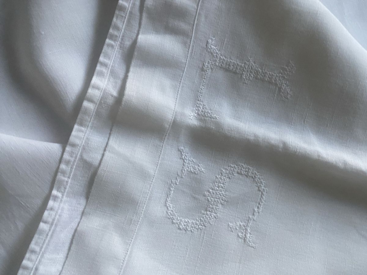 Biancheria da letto: Vintage Leintuch, Leinen mit Monogramm "LS", Handarbeit – Usato da Baden venduto da swiss-alps