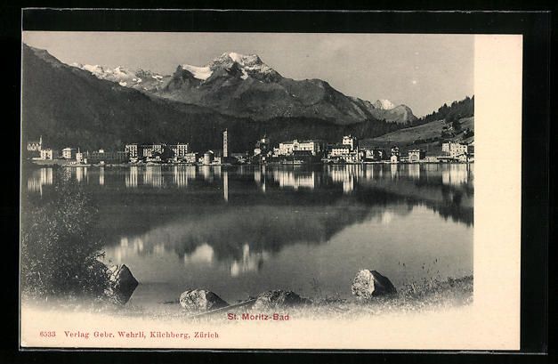 Cartoline postali: AK St. Moritz-Bad, Uferpartie mit Bergen – Usato da Berlin venduto da bartko-reher