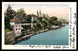AK Basel, Uferpartie mit Kirche, 1903