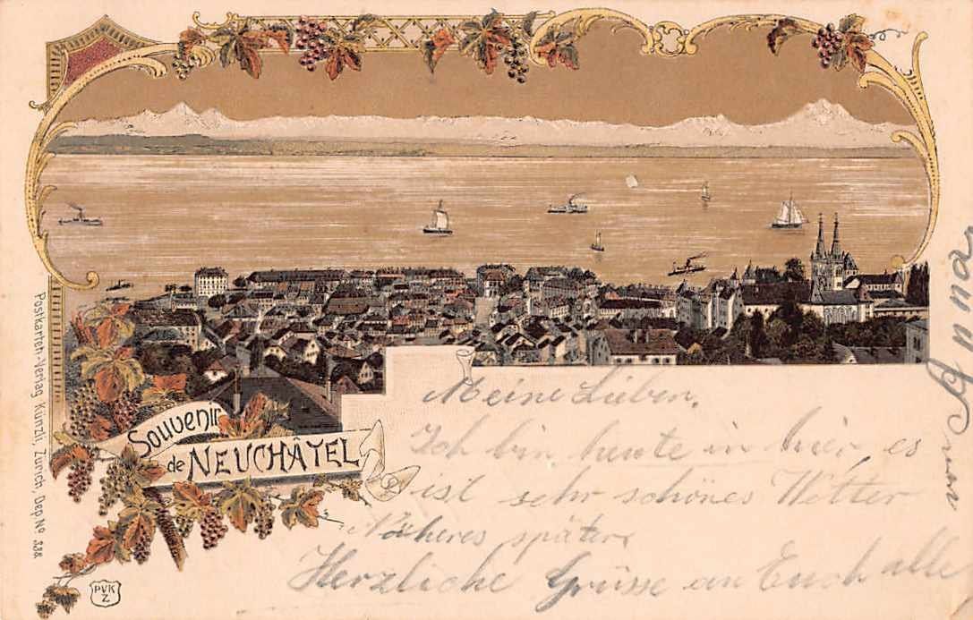 Ansichtskarten: SOUVENIR de NEUCHATEL - Lithographie 1898 – Gebraucht aus Lufingen von TopAnsichtskarten