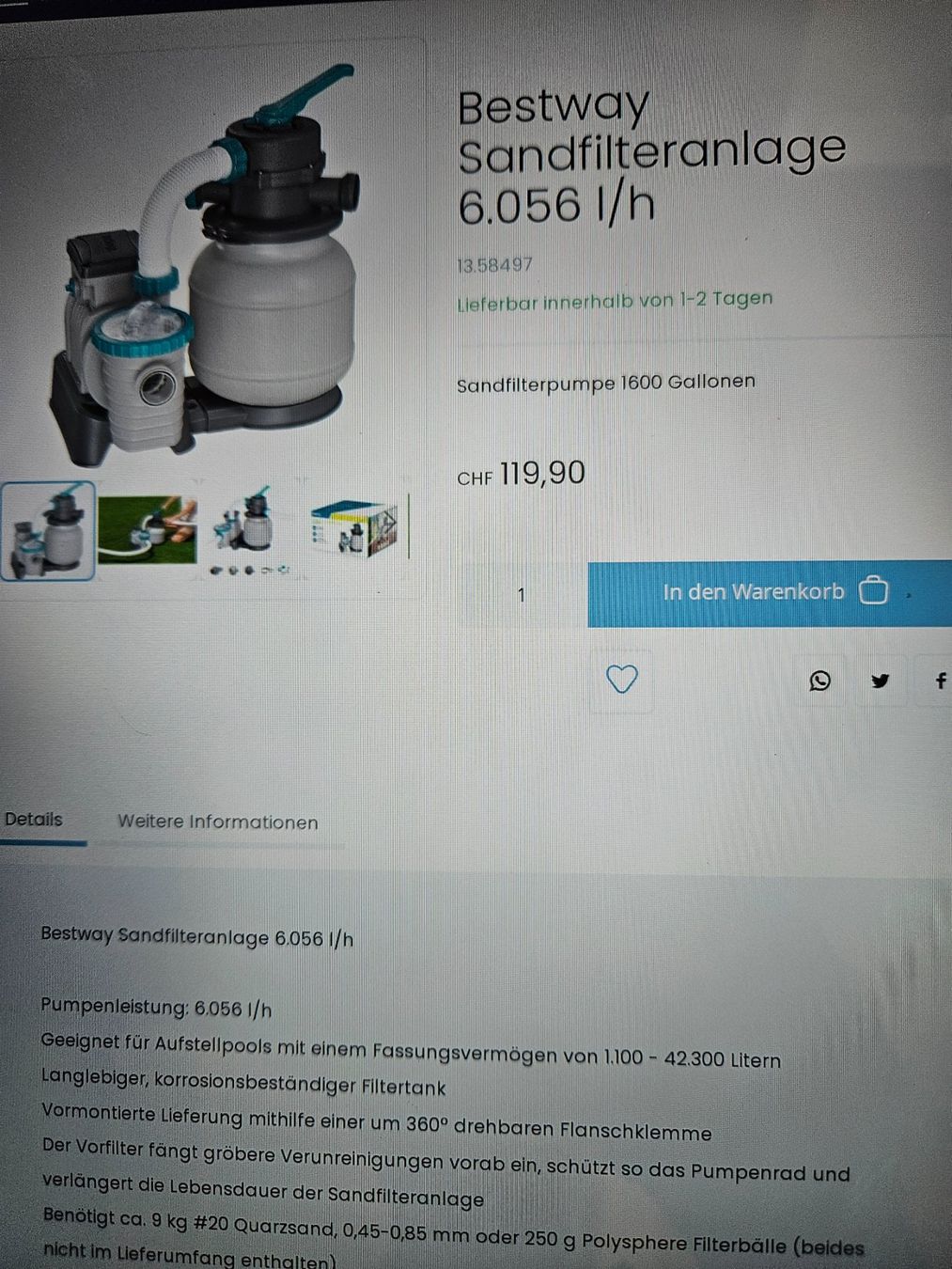Bestway Accessori per Piscine: Bestway Filterpumpe 6056 l/h – Nuovo e nell'imballaggio originale da Gretzenbach venduto da max_2r7l