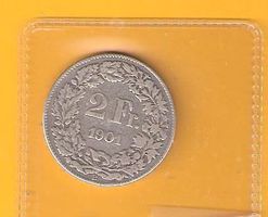 1901 rare Fr. 2.--Münze/u.E. fast vz/nur 50'000 Init.Auflage