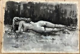 Aquarell, liegender Akt, signiert Otto Huber    (ID b5036)