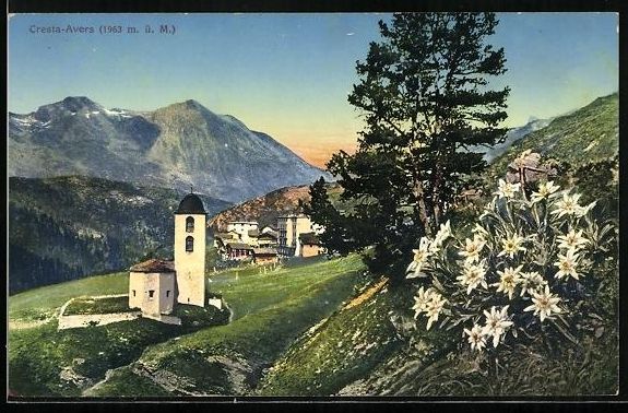 Cartoline postali: AK Cresta-Avers, Ortsansicht mit Kirche – Usato da Berlin venduto da bartko-reher