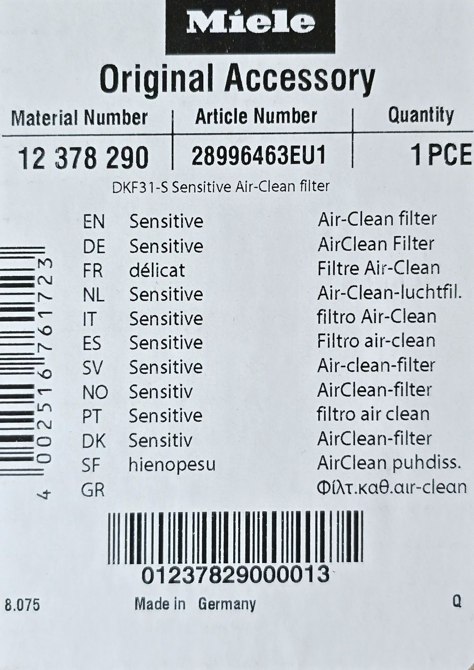 Miele Ventilazione: Filter Miele – Nuovo e nell'imballaggio originale da Erlinsbach venduto da tiansisi