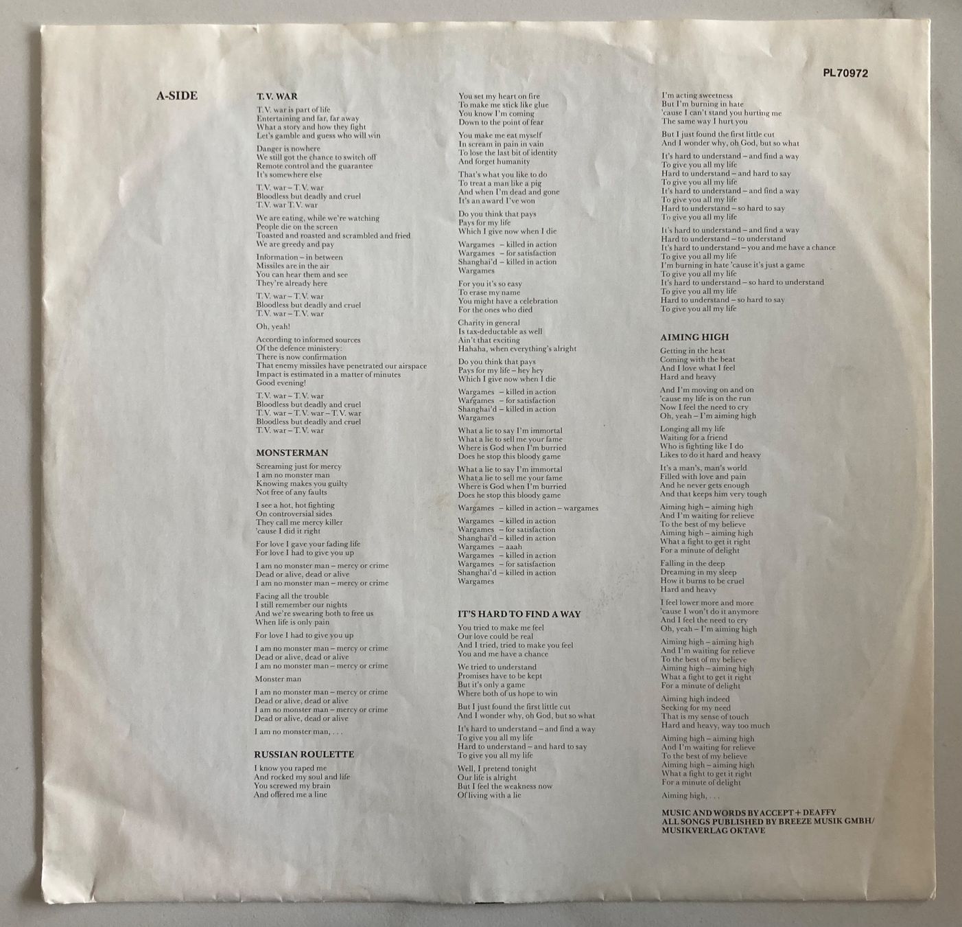 Dischi in vinile: ACCEPT - RUSSIAN ROULETTE – Usato da Poliez-Pittet venduto da Newtown-Records 2