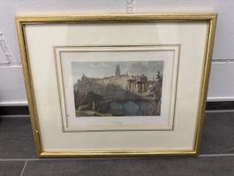 Stich Freiburg mit Dom von W. H. Bartlett, gerahmt