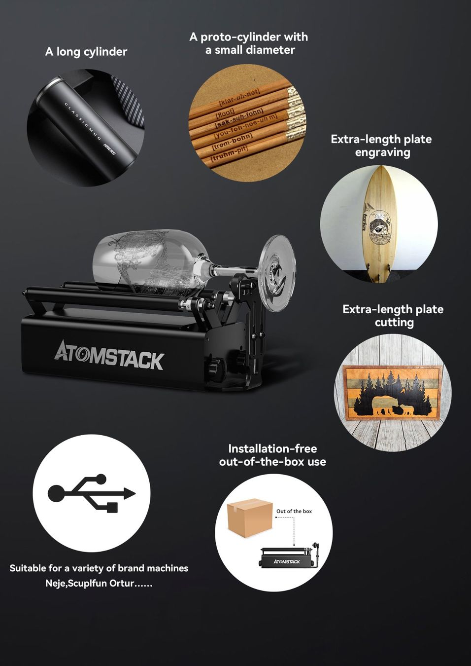 Tutte le macchine: ATOMSTACK R3 Pro Laser-Rotationswalzen-Set mit Stützsäule – Nuovo e nell'imballaggio originale da Malans GR venduto da BUYBEST-Schweiz 4