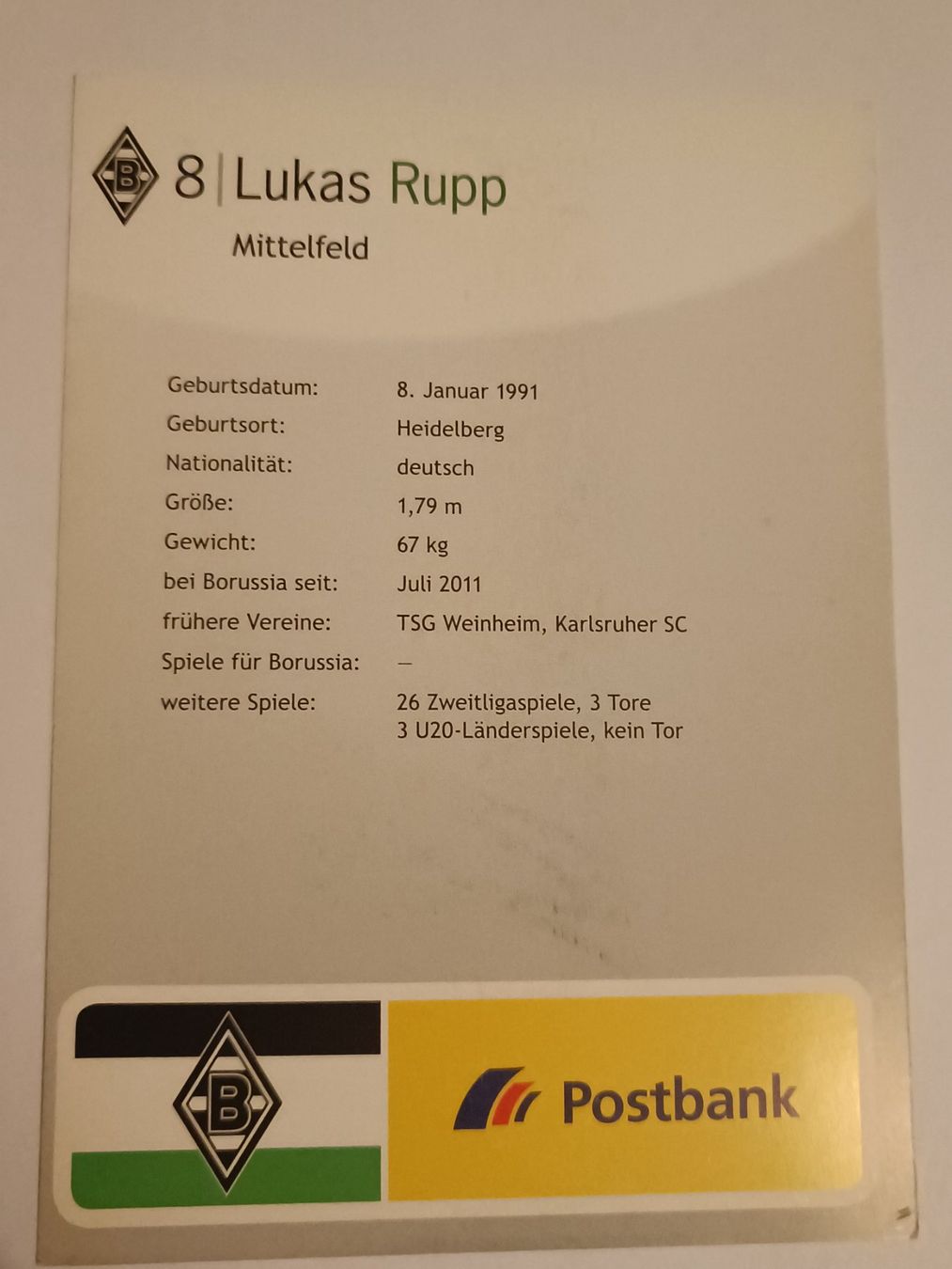 Autografi: Lukas Rupp - Borussia Mönchengladbach – Usato da Menziken venduto da Artographs 1