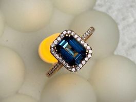 London Blue Topas Ring Smaragdschliff, Roségold 💎 925 Silbe