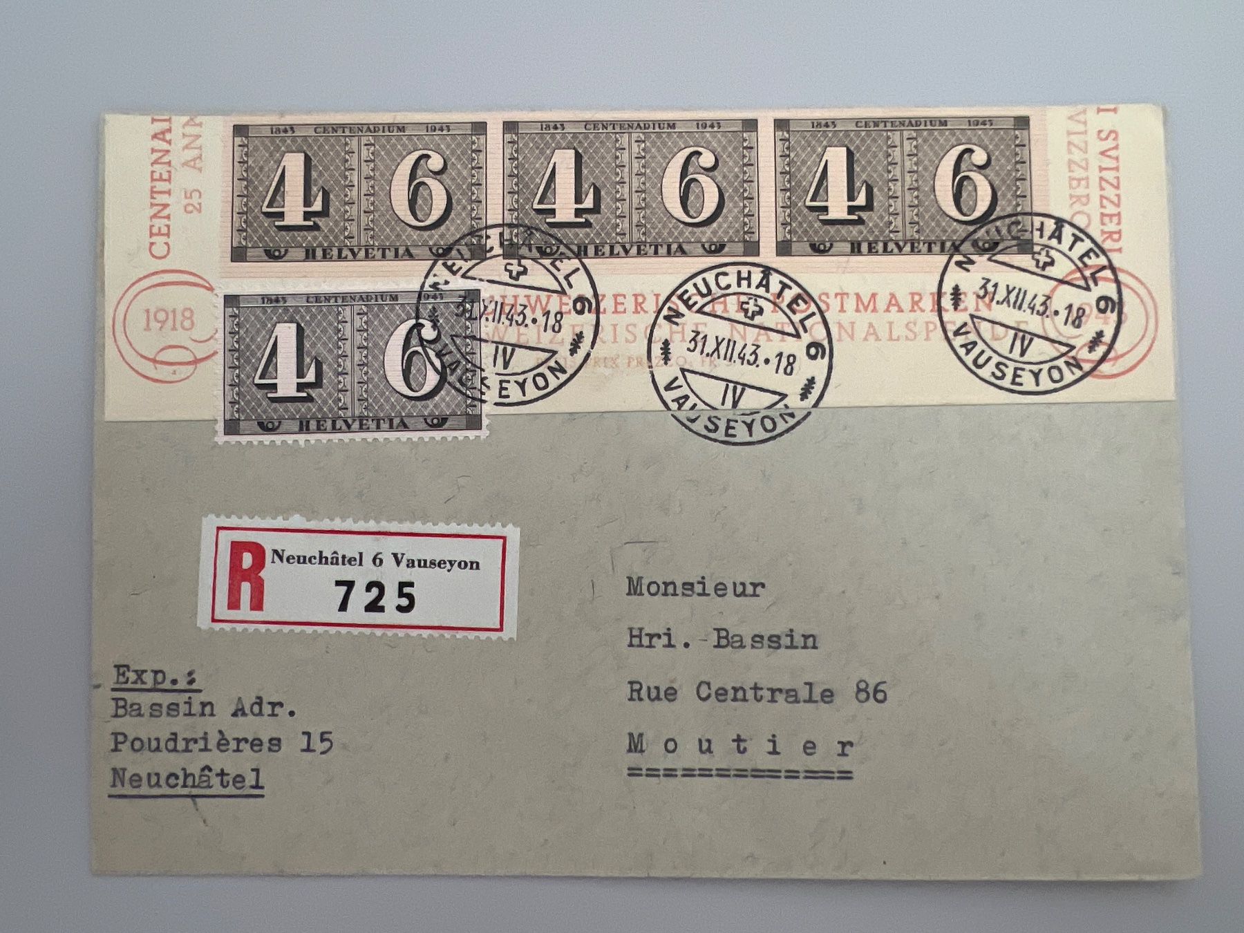 Tutti i francobolli: 1943 100J Schw. Postmarken Einge. Brief W15+258 Letzter Tag – Usato da Buchrain venduto da wmm