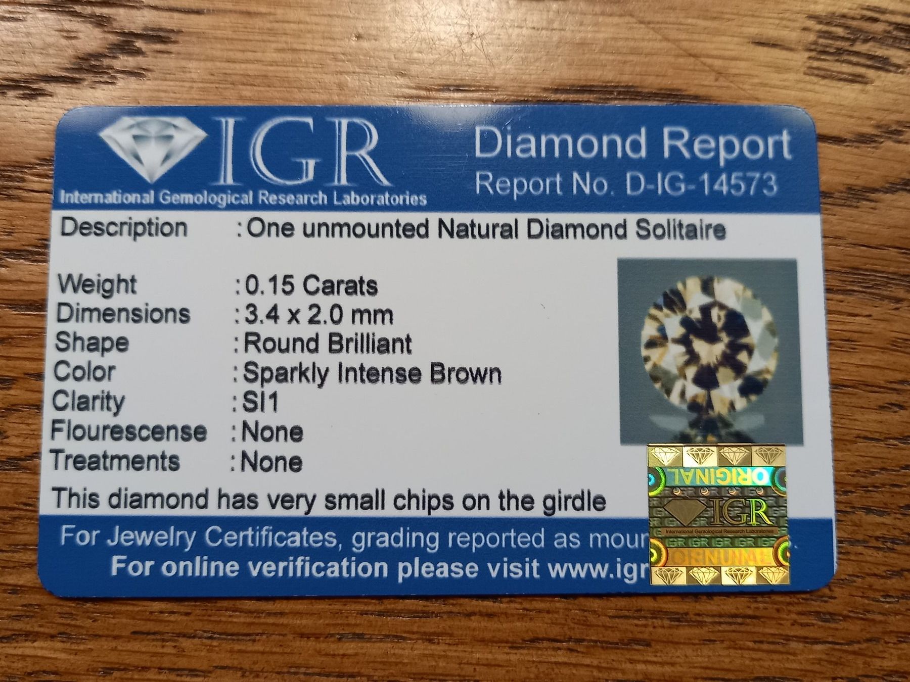 Edelsteine: 0.15 cts. CERTIFIED Diamond, SI1, Sparkly Intense Brown – Gebraucht aus Aarau von Reto_BA_01 4