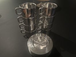 8 Tassen mit Untertassen Inox 18-10, Sergio Asti