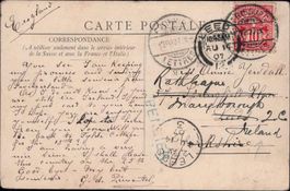 1907, AK von Fribourg nach UK/Leeds, nach Irland weitergel.