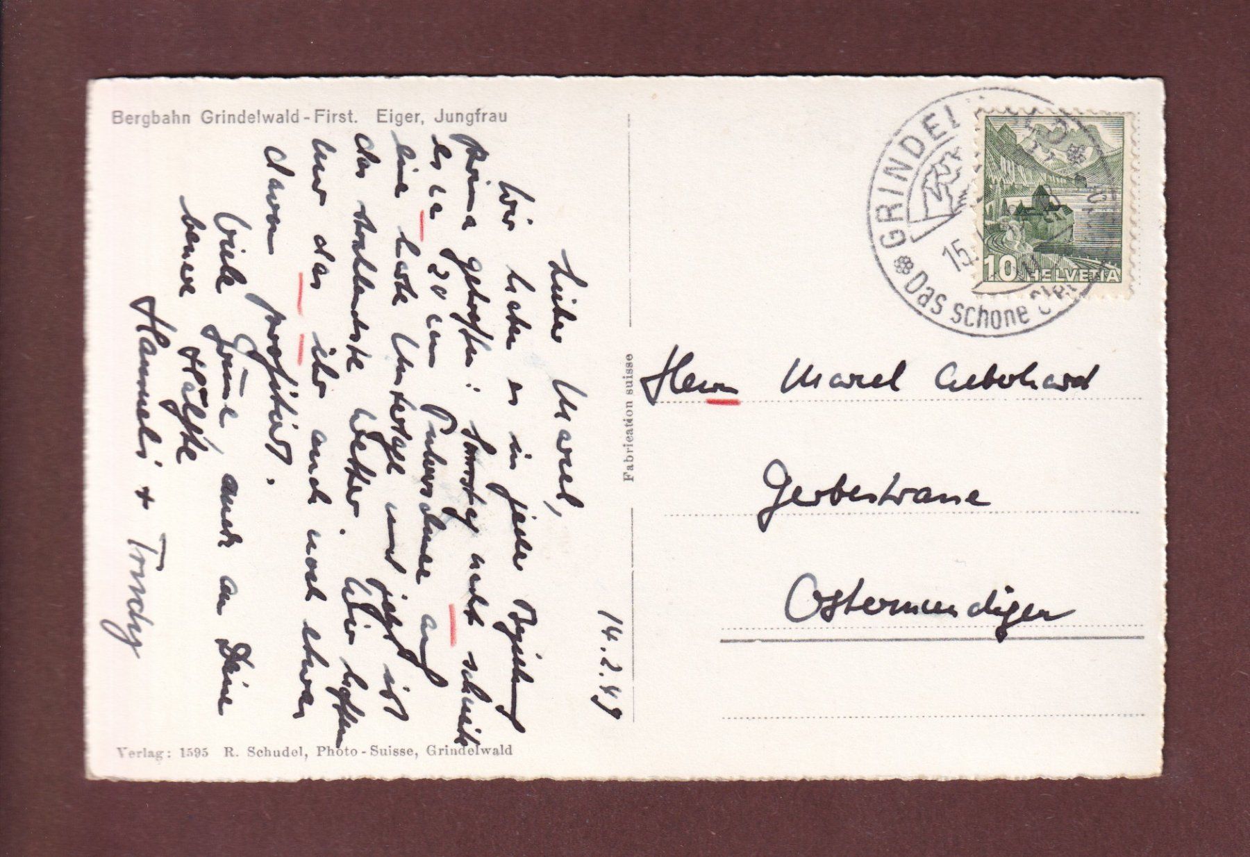 Cartoline postali: Bergbahn GRINDELWALD-FIRST - Eiger - Jungfrau - 1949 – Usato da Pully venduto da nicecards-shop 1
