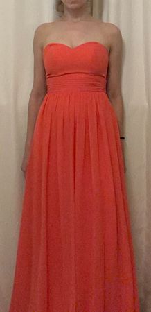Peach colored strapless corset evening gown maxi dress