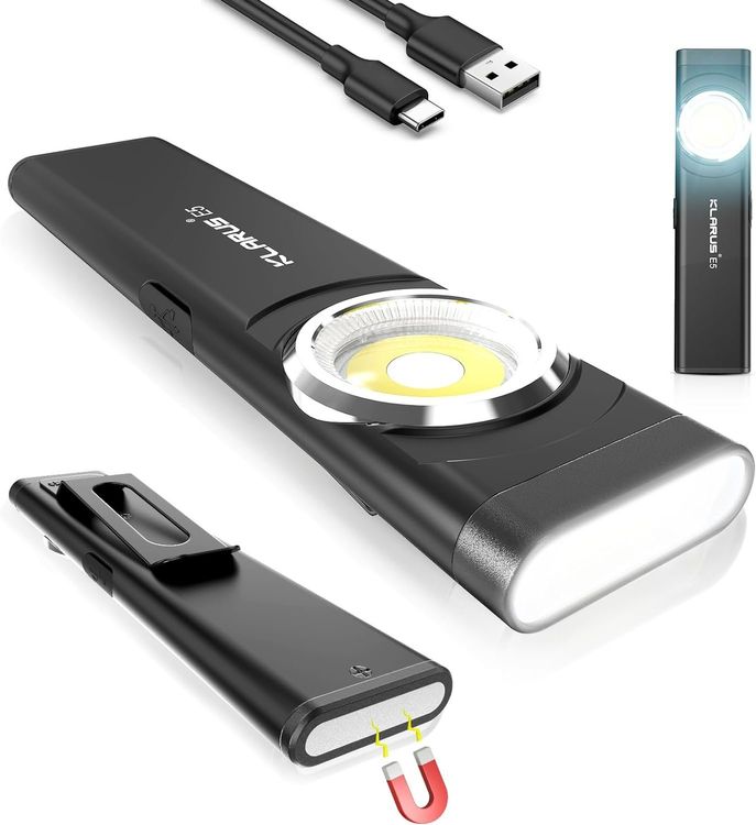 KLARUS E5 Ultra Zaklamp, 800 Lumen EDC Zaklamp Ultradunne met Drie Lichtbronnen, USB Oplaadbaar met Magnetische Achterkant & Clip, Heldere Werklamp voor Wandelen en Kamperen