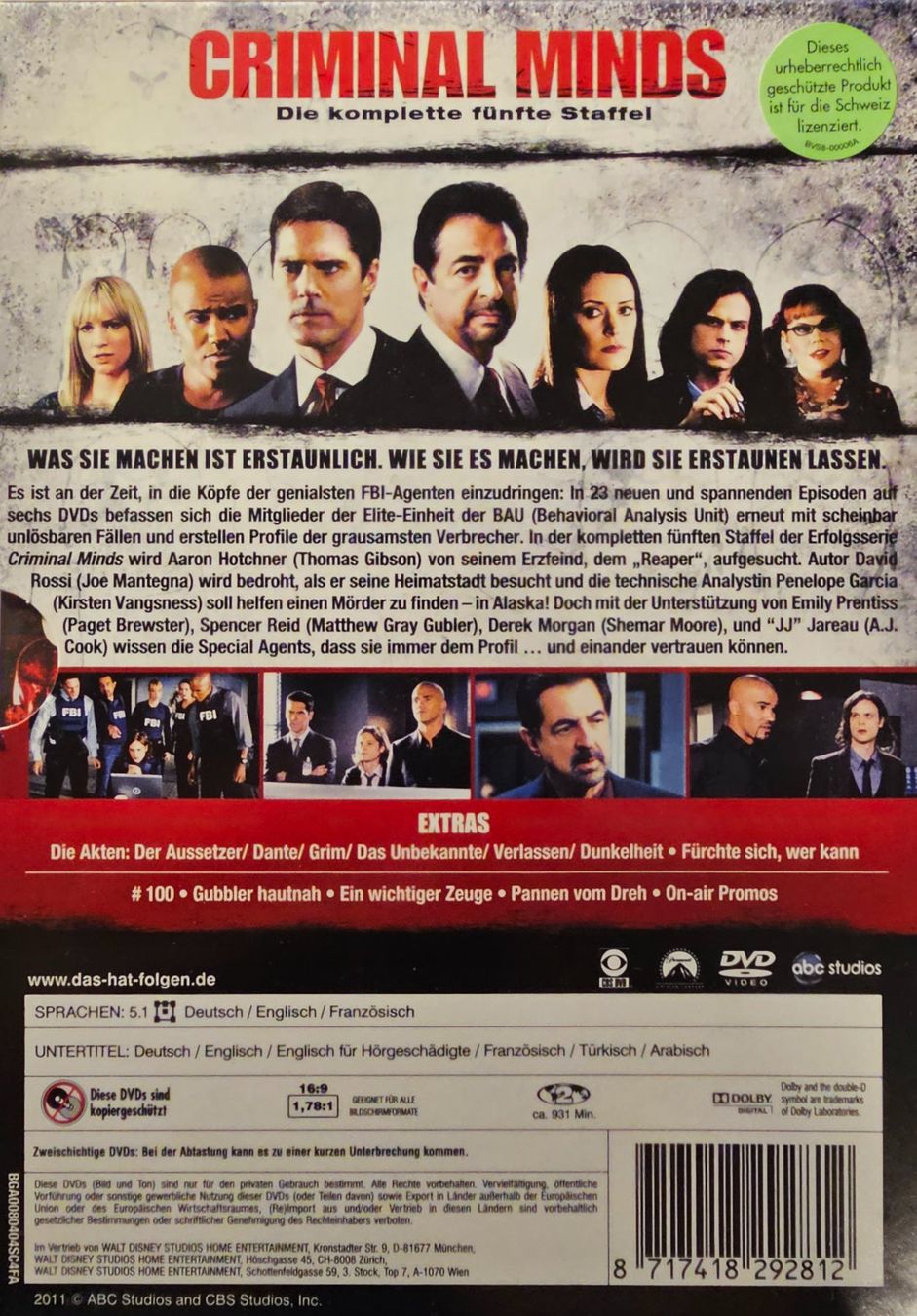 Tutti i DVDs: Criminal Minds - Staffel 5 – Usato da Wahlen b. Laufen venduto da Cg10 1