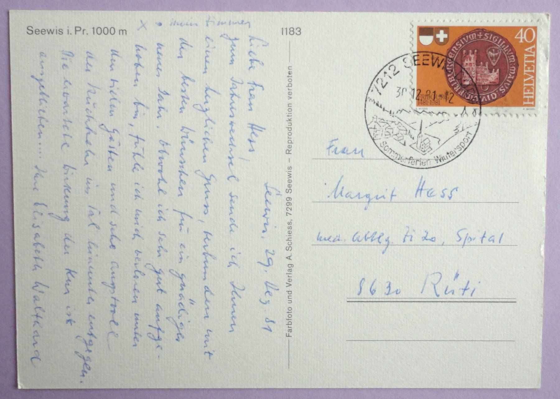 Cartoline postali: Seewis i. Pr. 1000 m – Usato da Fétigny venduto da Billy2miny 1