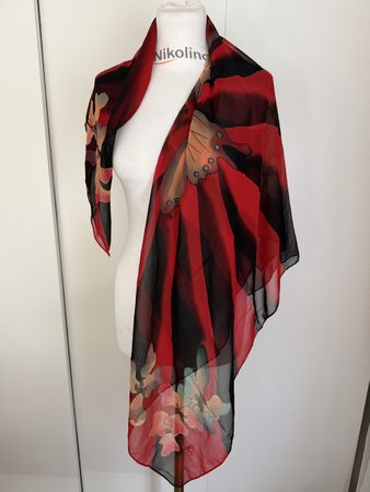 Seiden  Tuch Schmetterling Blumen Rot Schwarz neu.