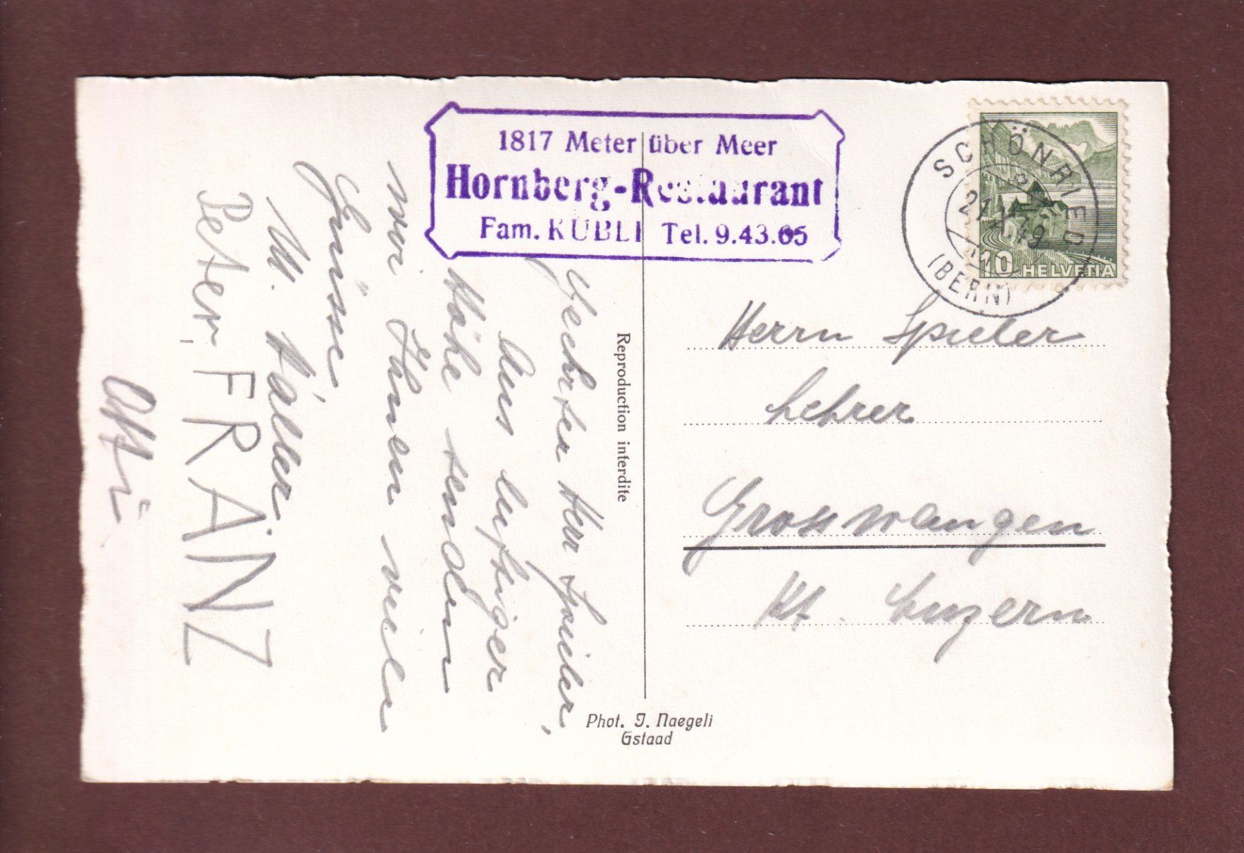 Cartoline postali: Blick von der HORNFLUH - 1949 – Usato da Pully venduto da nicecards 1