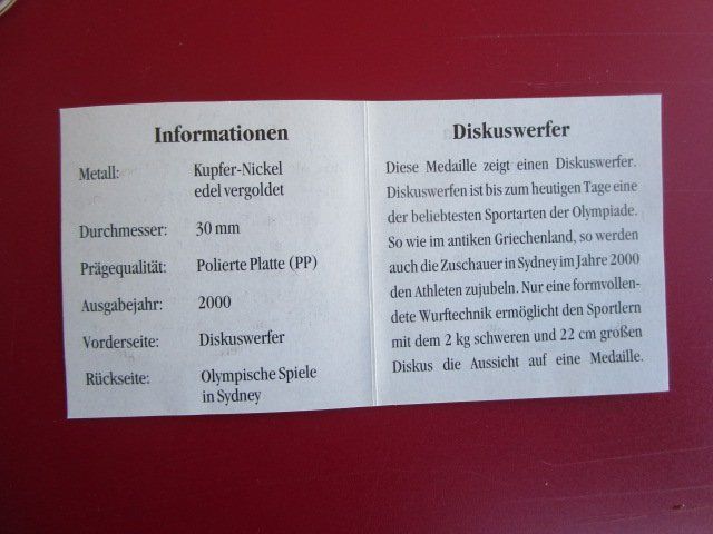 Medaglie: Olympia Sydney  2000 Diskuswerfer - PP - 30mm vergoldet – Nuovo (secondo la descrizione) da Luzern venduto da Horoskop1 3