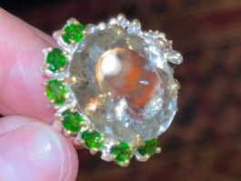 Green Prasiolite & Green Garnets SS925 14k Gold Vermeil Ring