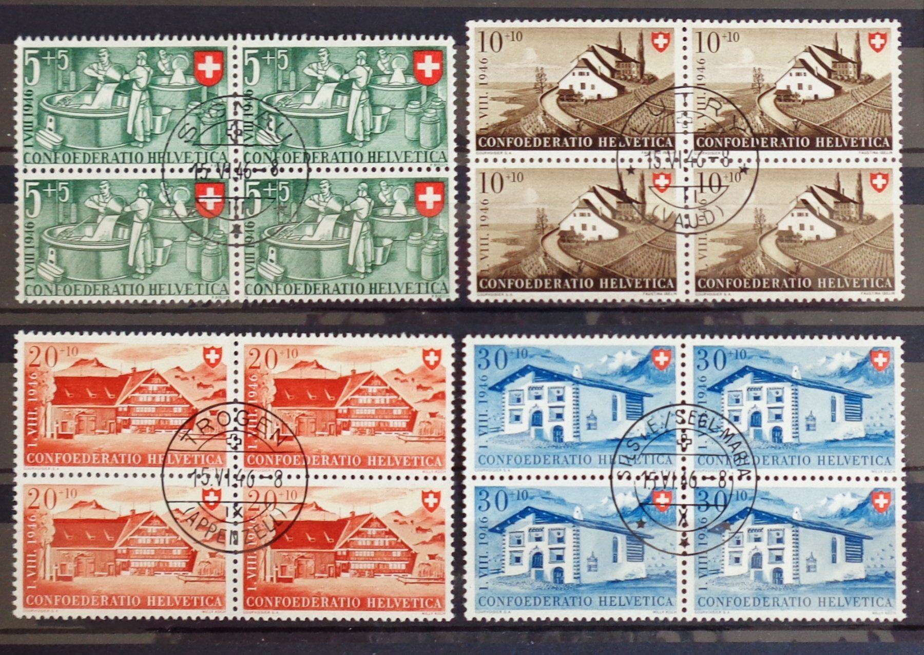 PRO PATRIA 1946: Viererblockserie ortsbezogene ET Stempel Kaufen auf