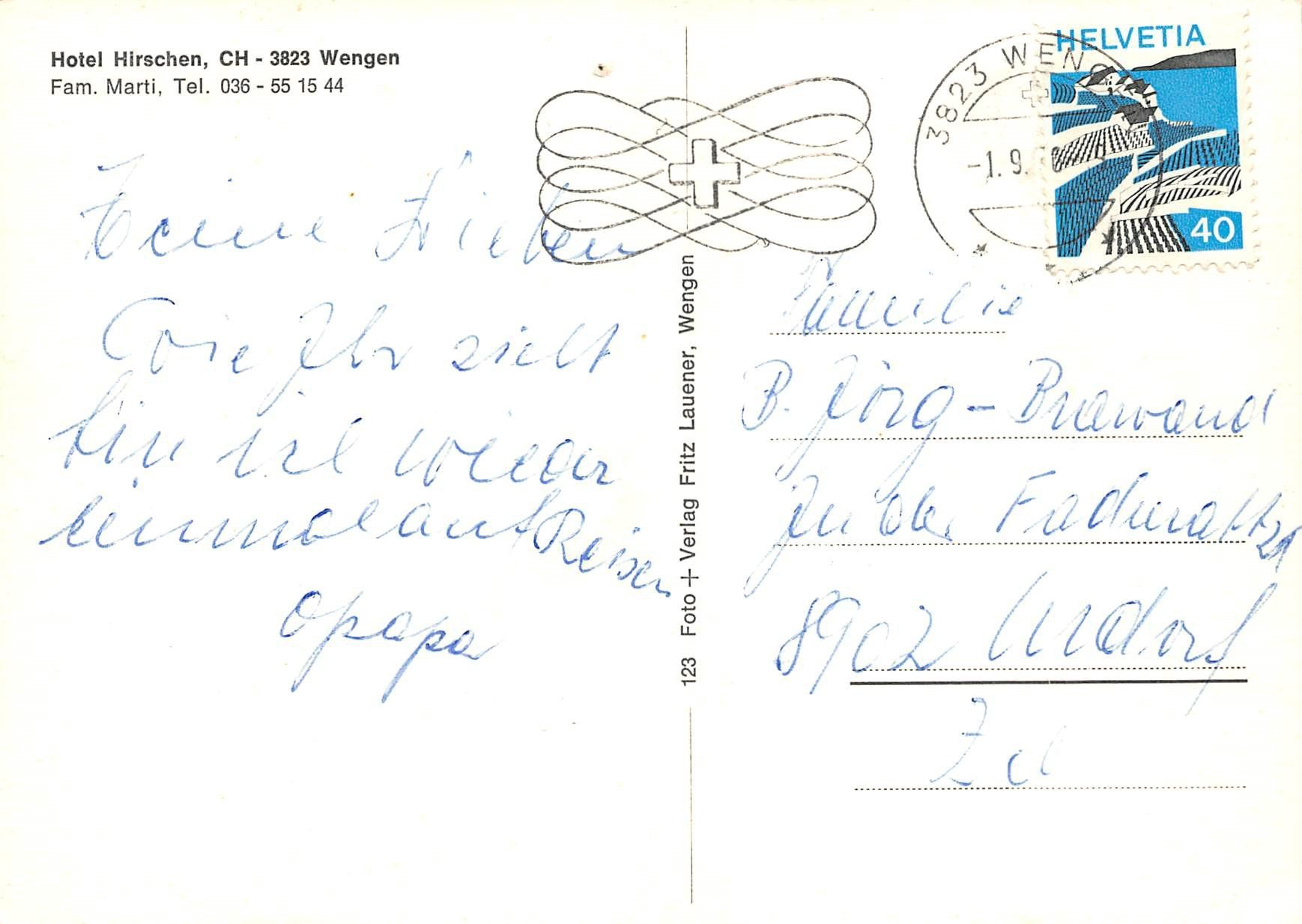 Ansichtskarten: Wengen, Hotel Hirschen – Gebraucht aus Ottikon b.Kemptth. von Neptun1974 1