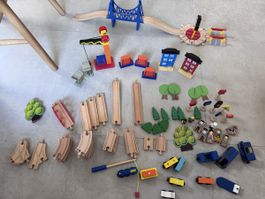 Wooden train set, accessories, figures, cars, bridge & crane