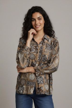 Tora Button-Down-Hemd - Beiges Paisley-Muster Langarm