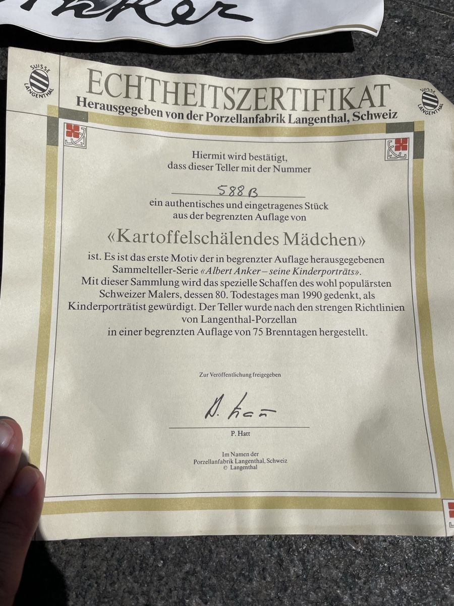 Piatti: Langenthal Albert Anker Teller "Kartoffelschälendes Mädchen" – Usato da Niederbüren venduto da poschti 1
