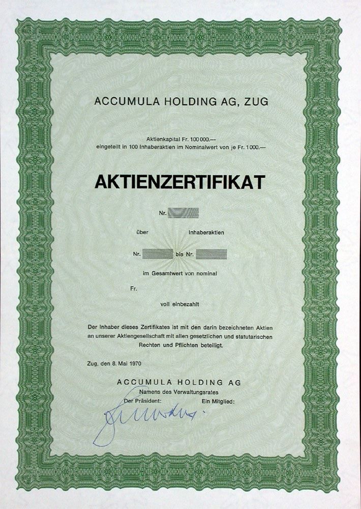 Documenti: Accumula Holding AG Zug - 1970 – Usato da Solothurn venduto da Sgasche