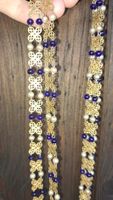 Vintage lange Halskette, Gold, Perlen, Blau 