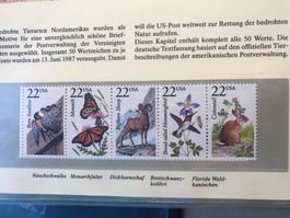 USA 1987 5er-Streifen Schwalbe Monarch Schaf Kolibri Hase