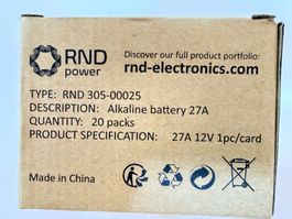 Schachtel à 20 Stk Alkaline 27A 12V – A27/MN27 -