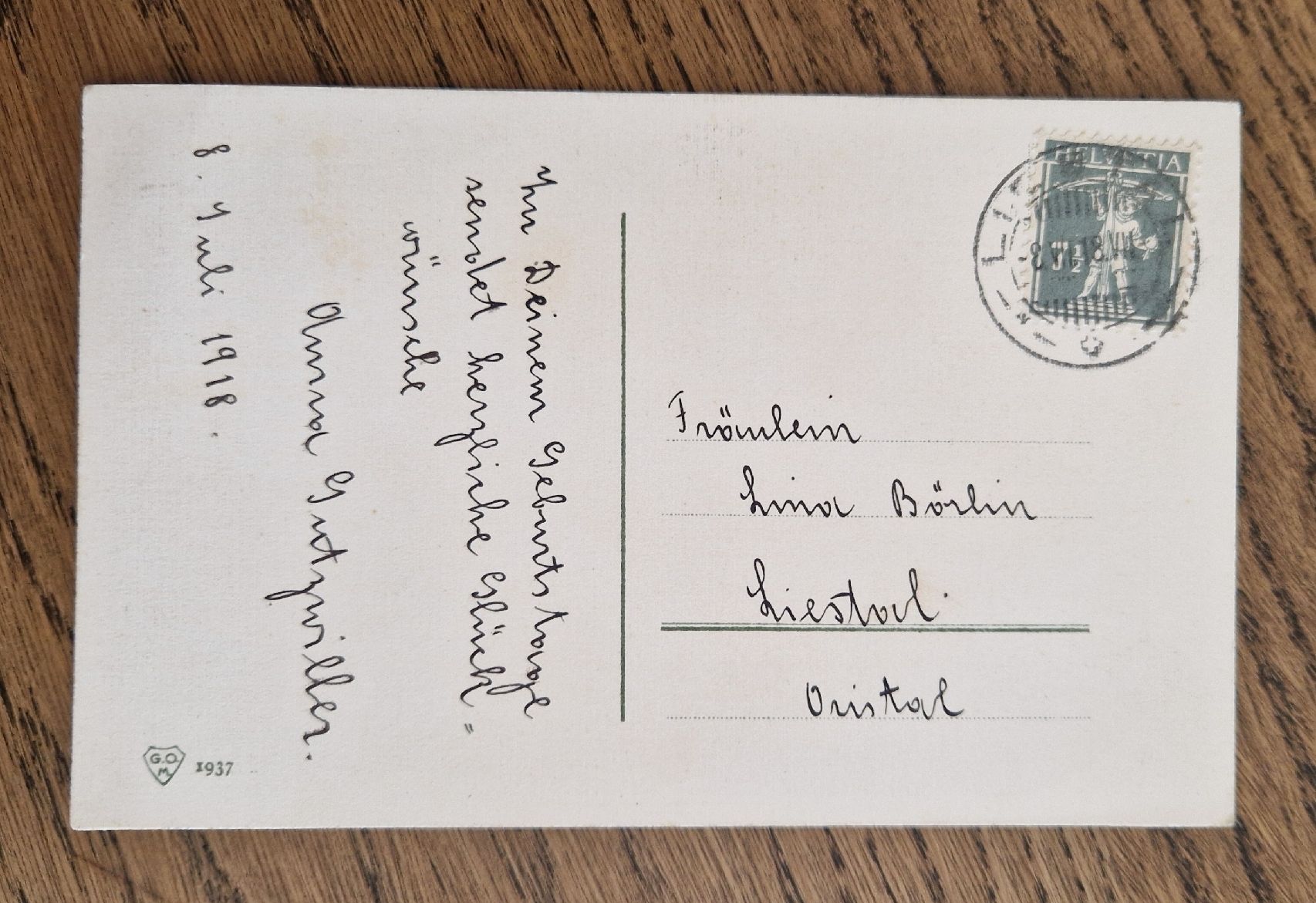 Cartoline postali: Geburtstagskarte 1918, Liestal – Usato da Ebikon venduto da Donar50 1