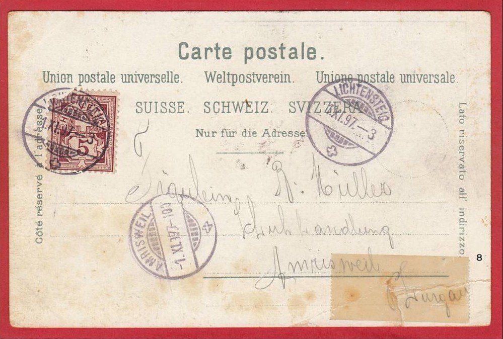 Cartoline postali: AMRISWIL, AMRISWEIL, LITHO 1897, DEFEKT – Usato da Grüningen venduto da Kartenlaube 1