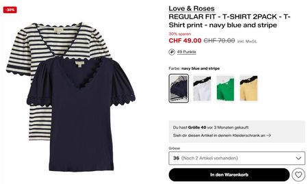 Love & Roses T-Shirt 2er-Pack marineblau/gestreift Grösse 40