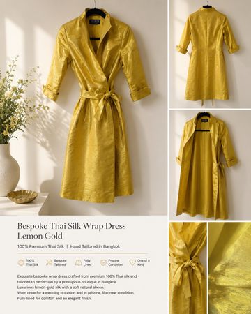Bespoke Thai Silk Wrap Dress Gold Lemon S/M