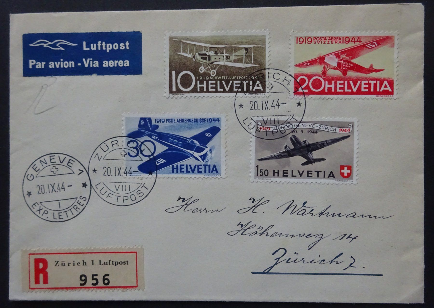 Tous les timbres: Luftpost Zürich - Genf 20.IX.44 – D'occasion à Watt par Oo2rup5