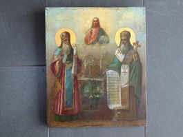 Antike Ikone Russland / 2 Heilige mit 2 Kerzen