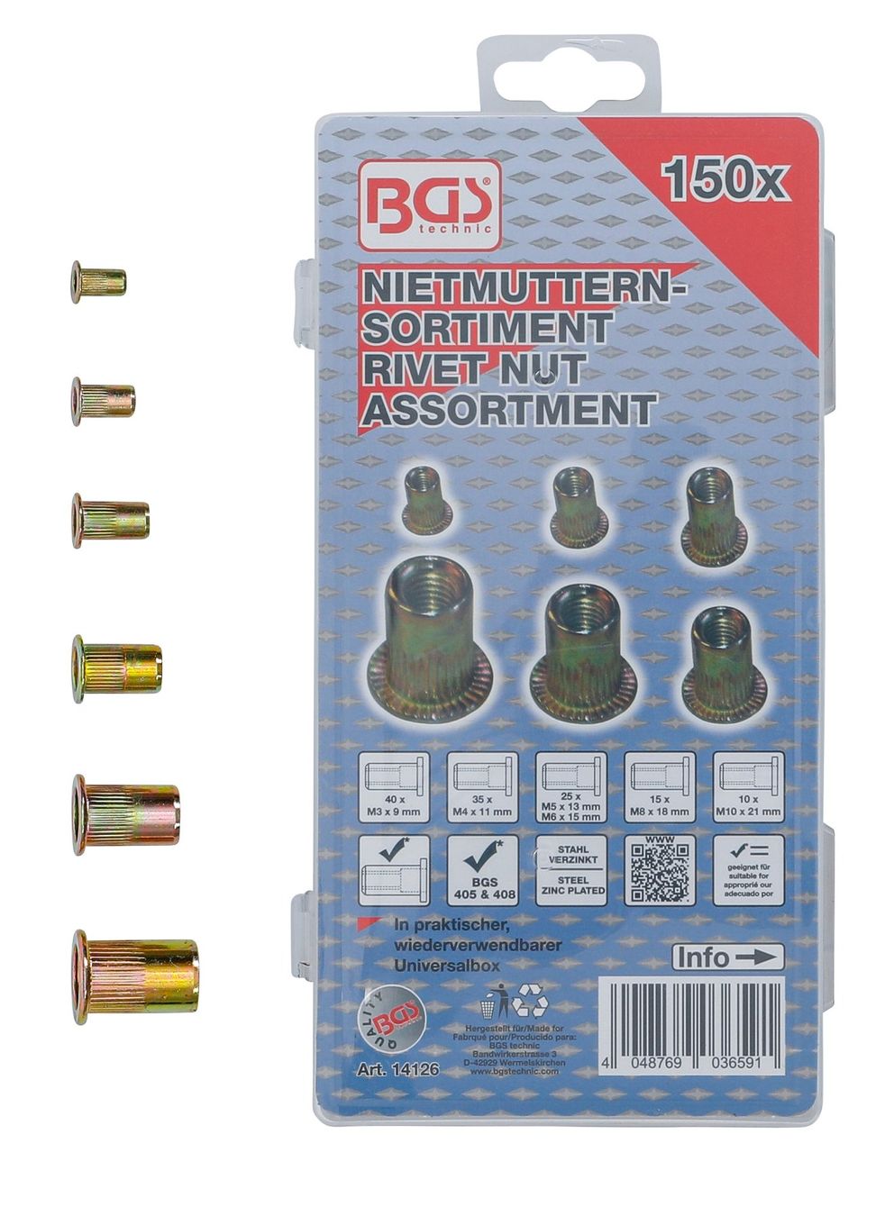 Alle Werkzeuge: Nietmuttern Sortiment, verzinkter Stahl,150-tlg. – Neu und originalverpackt aus Dietikon von KFZ-Spezialwerkzeuge 1