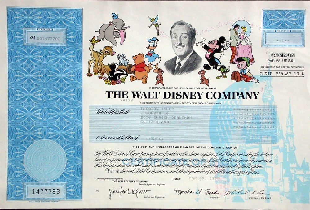 Documenti: Walt Disney Company - 1999 – Usato da Solothurn venduto da Sgasche