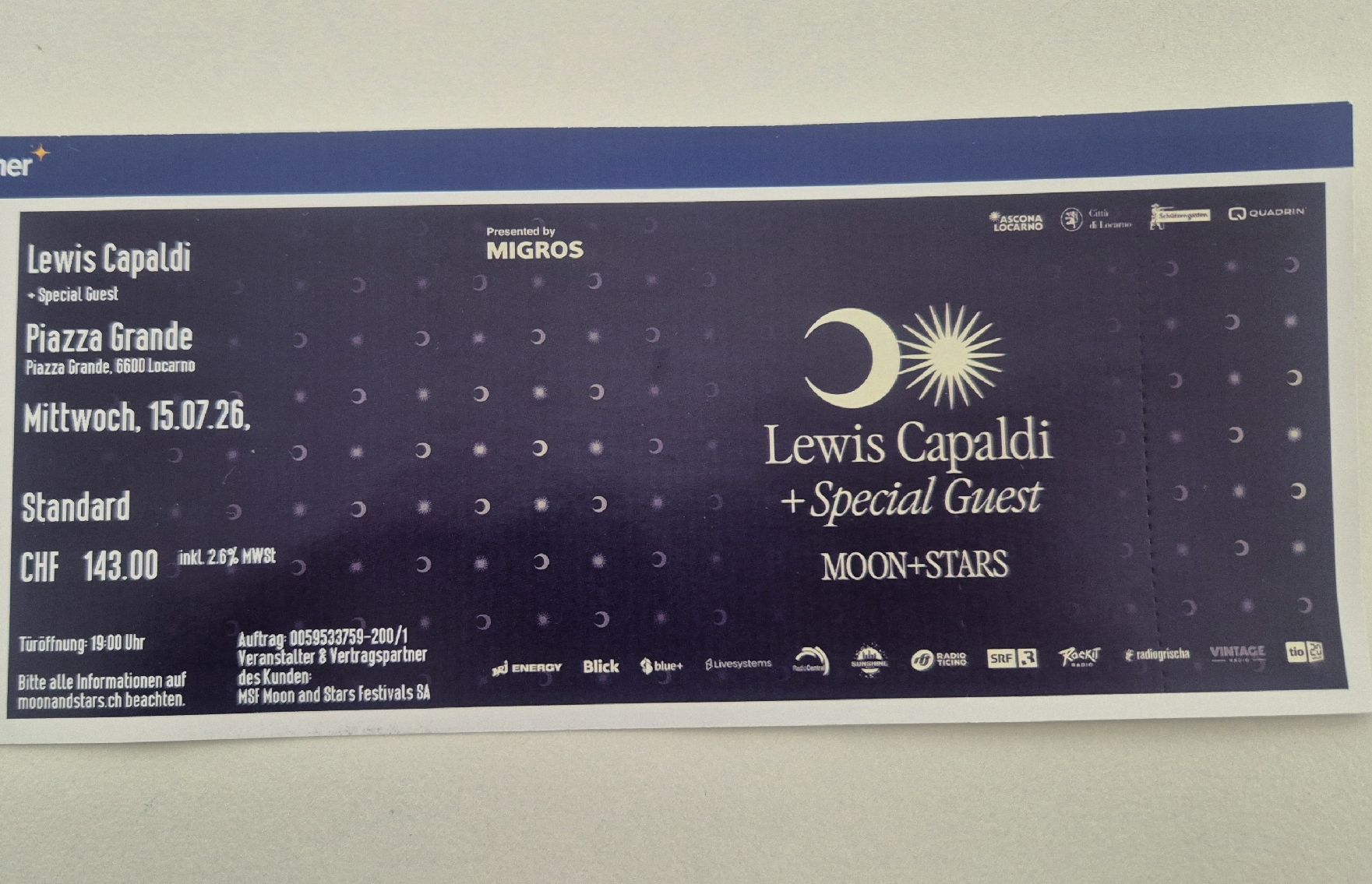 Biglietti: Moon+Stars Locarno 15.07.26 – Nuovo e nell'imballaggio originale da Weinfelden venduto da ele_57l7 3