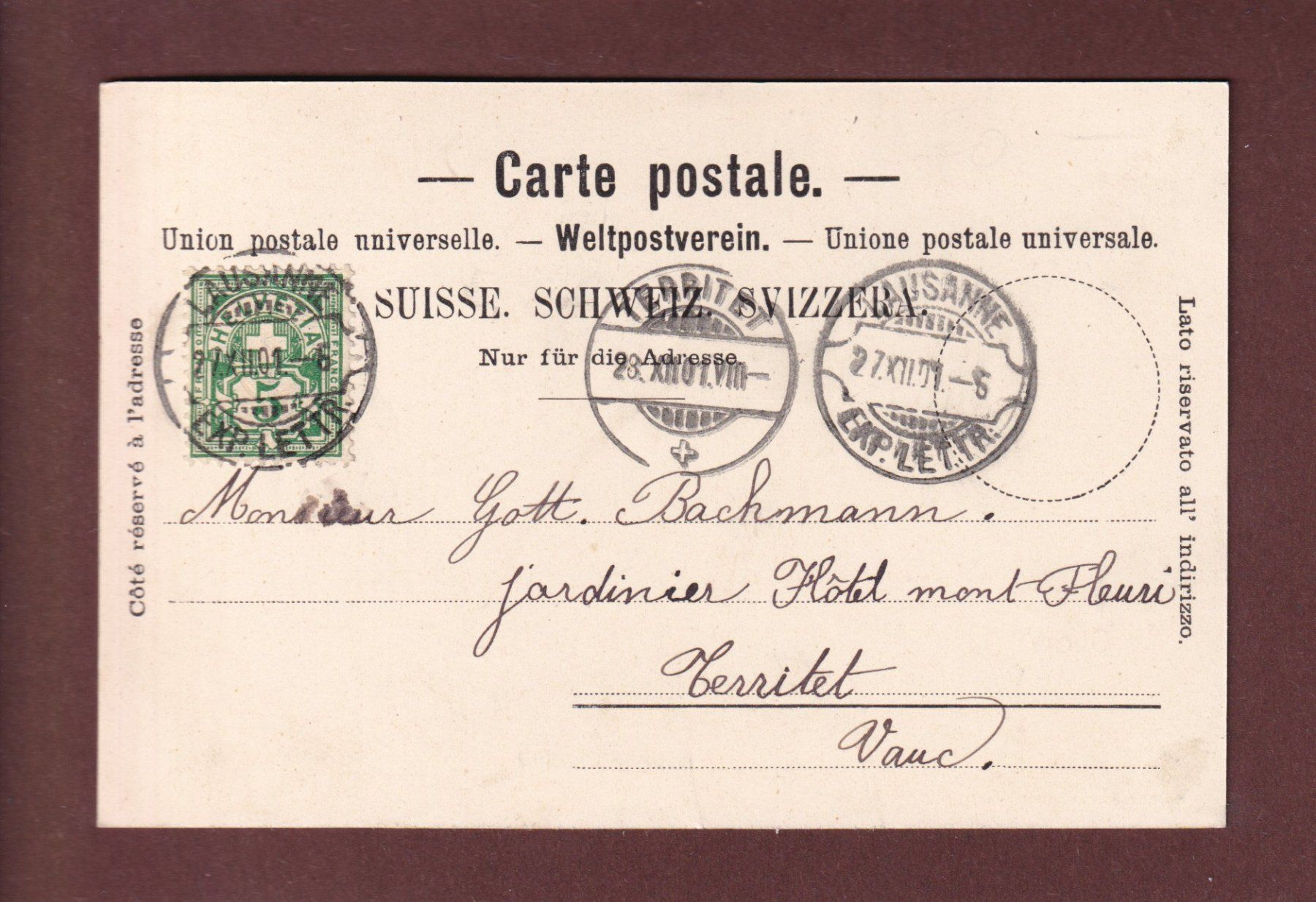 Cartoline postali: LAUSANNE - Quai d'Ouchy - 1901 – Usato da Pully venduto da nicecards 1